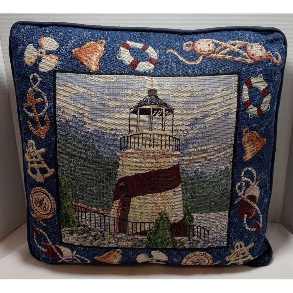 Tapestry Lighthouse Throw Pillow Coastal Nautical Square  Decor Made In USA